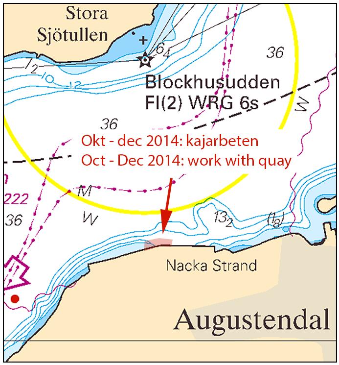 2014-10-16 6 Nr 516 Tid: oktober - december 2014 Renoveringsarbeten pågår under kaj. Området avgränsat med vågbrytande pontoner. Kontaktpersoner: Daniel Nylander, tel: 0700 921055.