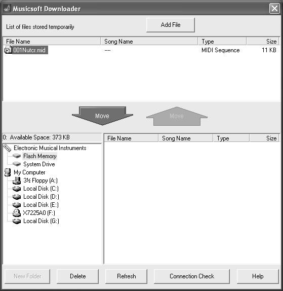 Använda Musicsoft Downloader till att överföra Song:er från medföljande CD till instrumentets flash-minne Om en Song eller kompstil spelas upp, stoppar du uppspelningen innan du fortsätter.