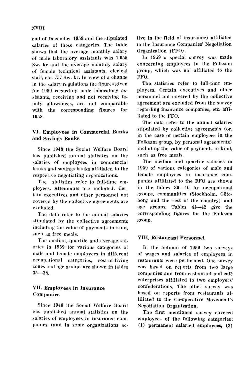 XVIII end of December 1959 and the stipulated salaries of these categories. The table shows that the average monthly salary of male laboratory assistants was 1 055 Sw.