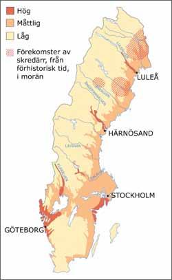 Bilden visar frekvensen av skredärr och raviner. Frekvensen av ärr efter moränskred är ej redovisade 43 Förändringen av benägenheten för skred och ras p.g.a. klimatförändringen avseende perioden 2071-2100 44 Kusterosion Havsnivåhöjningen pågår och kommer att fortsätta i många hundra år.