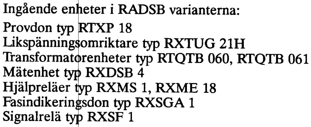 177 mm Sex stabilisrande ingångar Ingående en eter i RADSB varianterna: Provdon typ TXP 18 Likspänning omriktare typ RXTUG 21H Transformat renheter ty)) RTQTB 060, RTQTB 061 Mätenhet RXDSB 4