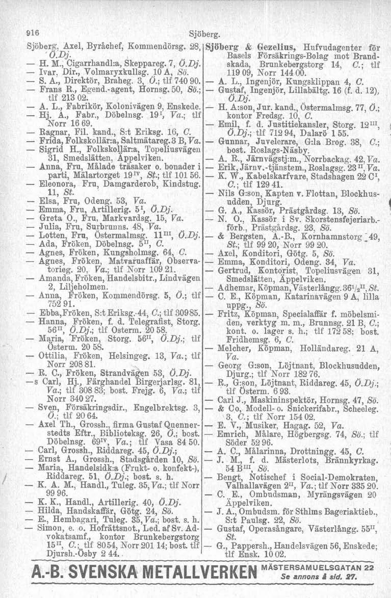 916 Sjöberg. Sjöberg, Axel, Byråchef, Kominendörsg. 28, Öberg & Gezelius, Hufvudagenter för O Di. Basels Försäkrings-Bolag mot Brand- H. ~,~~i~arrhandl:a, Skeppareg. 7, Ö.Dj.