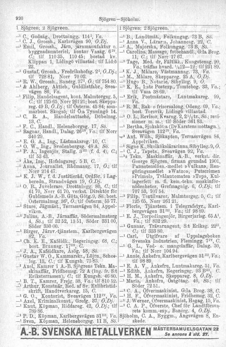 920 Sjögren-Sjöholm.. 13ögren; 2 Sjögreen. -' C., Godsäg., Drottningg. 114I, Va. -' C. J., Grossh., Karlmigen 90, Ö.Dj. -l Emil, Grossh., Järn, jirnmanufaktor o. -1 A., Majorska, Folkungag. 73 B, So.