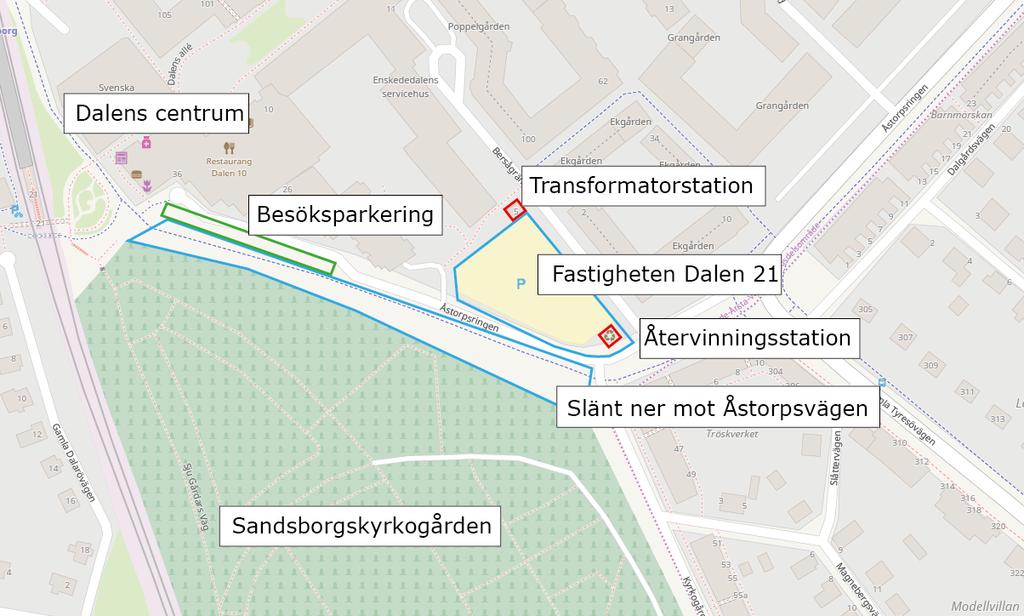 Figur 1: Översiktlig karta över fastigheten i området Dalen På fastigheten Dalen 21 finns idag parkeringsgaraget Dalen P-hus med 281 förhyrda parkeringsplatser 1.