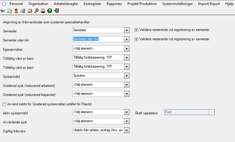 Om man vill att personalen inte ska kunna ta ut flera semesterdagar utan lön, än den som är registrerat i personaldata så måste det finnas en bock för "Validera resterande vid registrering av