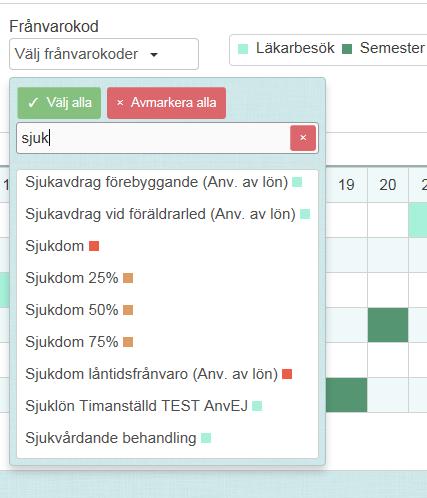 I fältet Månad väljer man vilken månad du vill visa. Under " frånvarokoder» väljer man vilken frånvarokoder som skall visas.