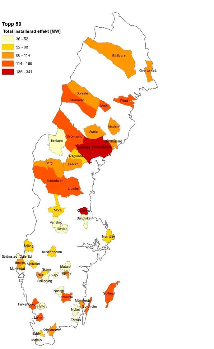 3.5 Karta över de 50 kommuner med mest installerad vindkraft i Sverige Kartan utgår från kommunlistan