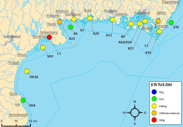 Hanöbuktens kustvattenmiljö 1 Medins Biologi AB.4 Sammanfattning av resultat och status i Hanöbukten Under 1 följde uppmätta temperaturer normalvariationen i de flesta av provtagningsstationerna.