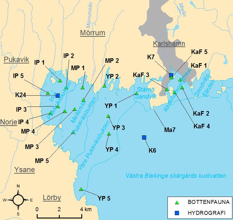 Hanöbuktens kustvattenmiljö 1 Medins Biologi AB Figur 14. Provtagningsstationer för hydrografi och bottenfauna i området Pukaviksbukten och Karlshamn 1.