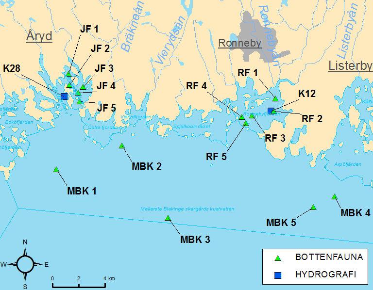 Hanöbuktens kustvattenmiljö 1 Medins Biologi AB.4.4 Ronnebyområdet och västerut (K & K1) I skärgården vid Tjärö ligger station K. En bit österut mynnar det större vattendraget Bräkneån.