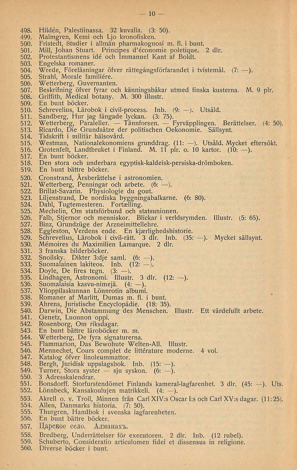 498. Hilden, Palestiinassa. 32 kuvalla. (3: 50). 499. Malmgren, Kemi och Ljo kronofisken. 500. Fristedt, Studier i allmän pharmakognosi m. fi. i bunt. 501. Mill, Johan Stuart.