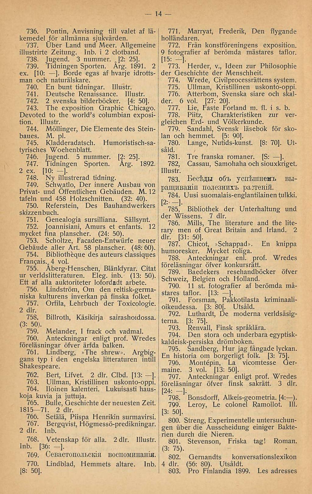 14 736. Pontin, Anvisning tili valet af läkemedel.för allmänna sjukvården. 737. Über Land und Meer. Allgemeine illustrirte Zeitung. Inb. i 2 clotband. 738. Jugend. 3 nummen ]2: 25]. 739.