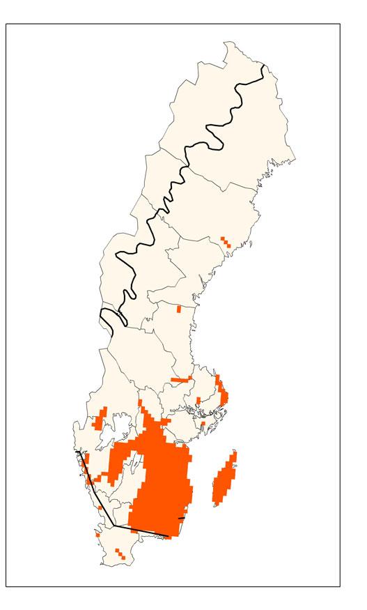 Figur 1. Svenskt utbredningsområde (till vänster) och förekomstareal (till höger). Förutsättningar för bevarande Länk: Gemensam text (förutsättningar för bevarande) http://www.naturvardsverket.