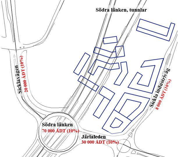 Figur 2. Trafikmängder (årsmedeldygn) i noll- och utbyggnadsalternativet år 2030. Andelen tung trafik inom parentes. 3.