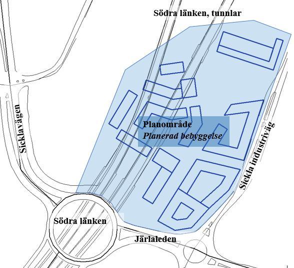 3.4 Planområde Planområdet är beläget vid Nobelberget enligt markeringen i figur 1 nedan. Avståndet från tunnelmynningen, Södra länken, till närmaste planerad byggnad är ca 50 meter. Figur 1.