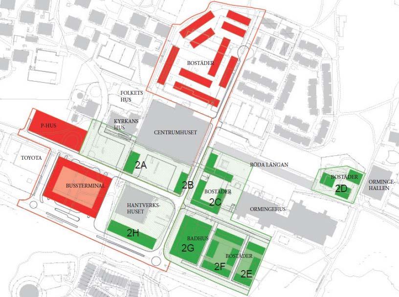 Sid 9 (19) 3.3 Etapp 2, år 3-10 I etapp 2, grönt markerat på kartbilden nedan, kan parkeringsytan framför Centrumhuset utvecklas till ett parkeringstorg.