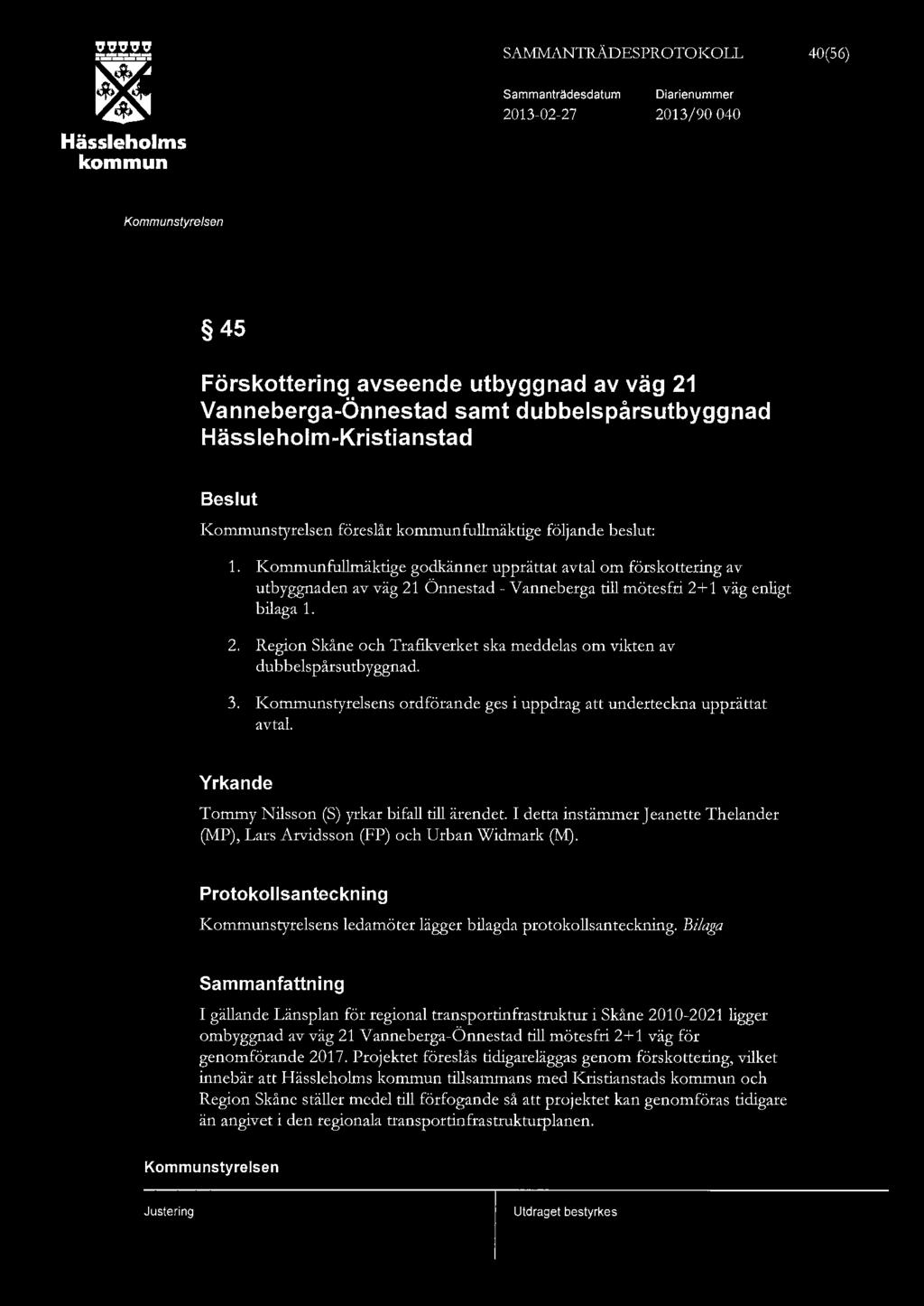:2:3!3!3!:2: ~ Hässehoms SAI'vfivANTRÄDESPROTOKOLL Sammanträdesdatum 2013-02-27 Diarienummer 2013/ 90 040 40(56) 45 Förskottering avseende utbyggnad av väg 21 Vanneberga-Önnestad samt