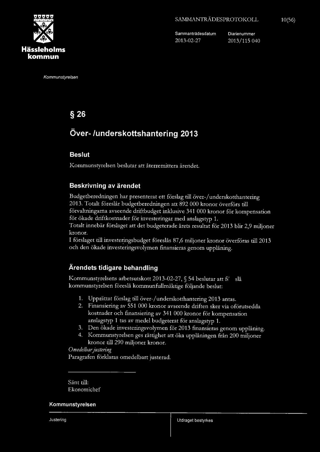SAMMANTRÄDESPROTOKO 10(56) Hässehoms Sammanträdesdatum 2013-02-27 Diarienummer 2013/115 040 26 Över- underskottshantering 2013 Besut besutar att återremittera ärendet.
