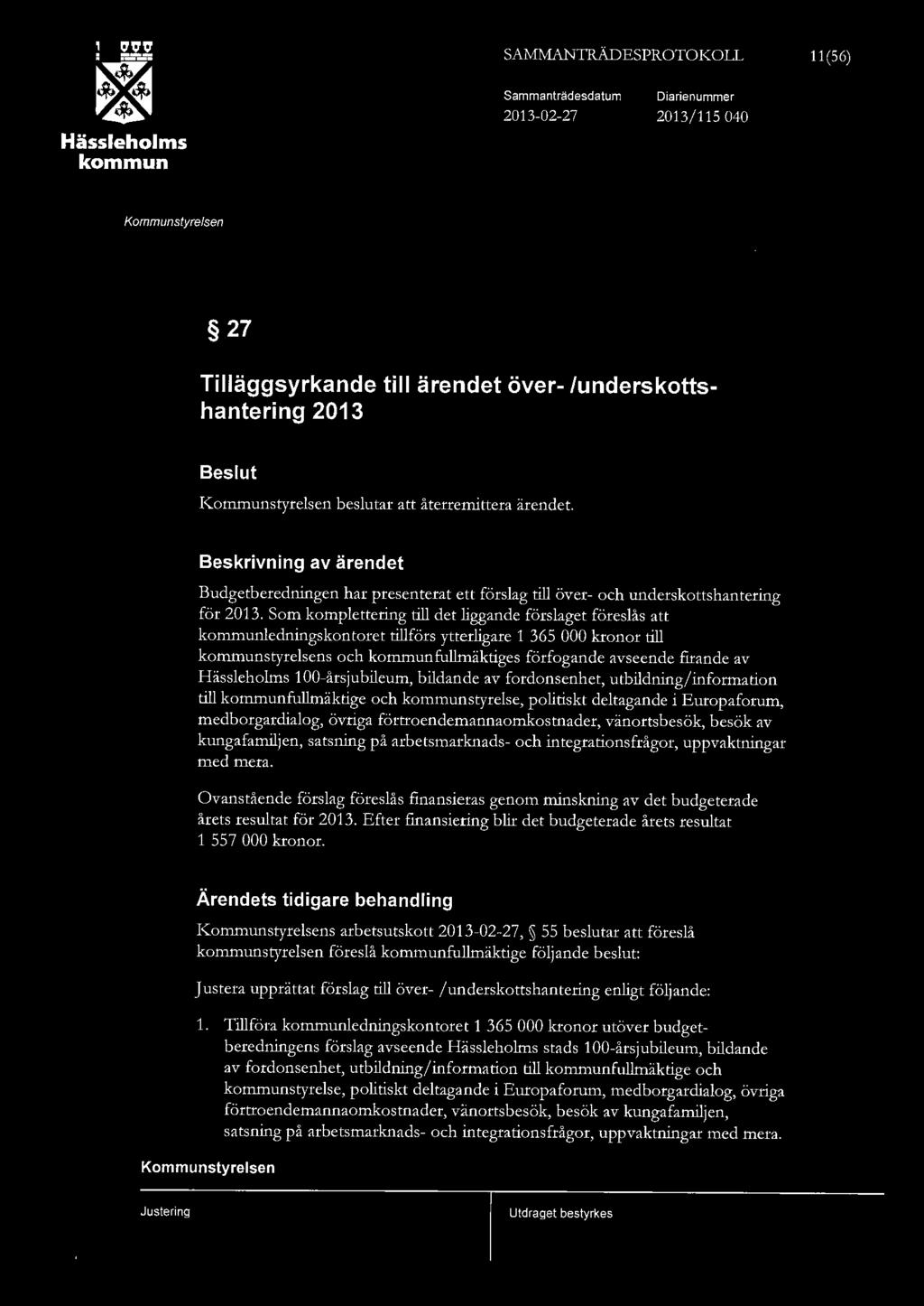 SAMNIANTRÄDESPROTOKOLL 11 (56) Hässehoms Sammanträdesdatum 2013-02-27 Diarienummer 2013/115 040 27 Tiäggsyrkande ti ärendet över-/underskottshantering 2013 Besut besutar att återremittera ärendet.