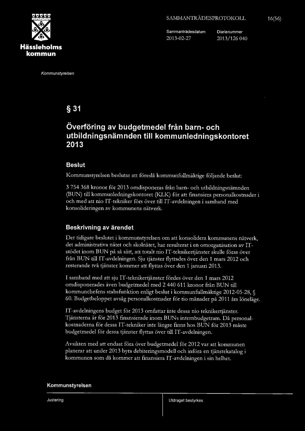 SAMMANTRÄDESPROTOKO 16(56) Hässehoms Sammanträdesdatum 2013-02-27 Diarienummer 2013/126 040 31 Överföring av budgetmede från barn- och utbidningsnämnden ti edningskontoret 2013 Besut besutar att
