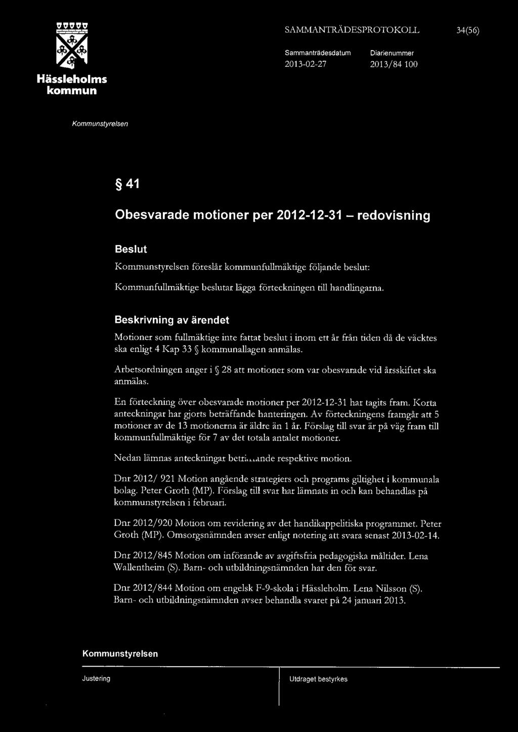 ,,,,, ~ ~ Hässehoms SAMMANTRÄDESPROTOKOL Sammanträdesdatum 2013-02-27 Diarienummer 2013/84100 34(56) 41 Obesvarade motioner per 2012-12-31 - redovisning Besut föresår fumäktige föj ande besut: