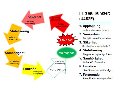 o Screening efter 1, 3 och 12 mån o Värdera behandlingsbehov Behandling Via FHV o Evidensbaserad o Traumafokuserad Första hjälp vid stress (FHS) Utifrån tidigare beskrivna fem viktiga stödprinciper