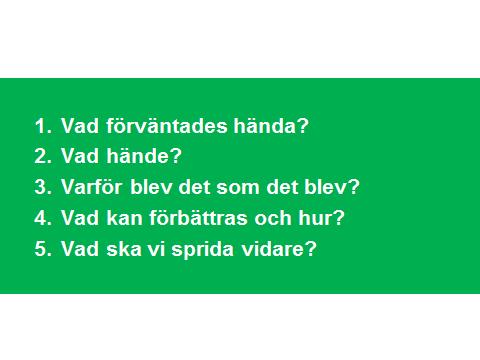 således på vad som hände och inte på vem som gjorde något. Exempel på de frågor man använder sig av vid AAR framgår av Figur 18 nedan.