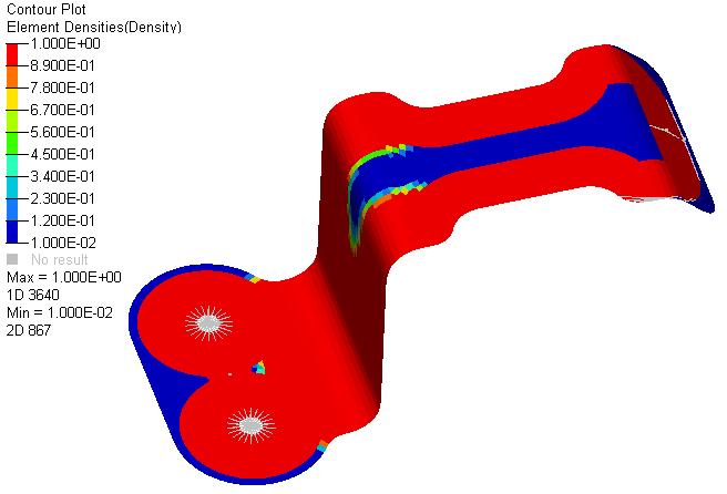 Figur 7: Materialfördelning 8.3.3 Utvärdering av plåttjocklek och erhållna topologier Den erhållna topologin i föregående avsnitt var för originalbracketens plåttjocklek på 1,6 mm.