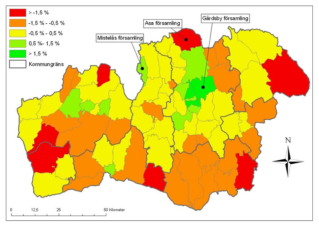 Figur 5. Genomsnittlig procentuell befolkningsutveckling per år på församlingsnivå, 2000-2007.