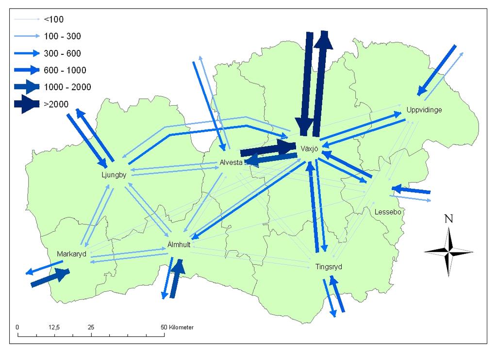 till och från endast visar på små pendlingsvolymer. Det framgår därmed att länets västra delar i och med avståndet till är mer flerkärnigt till karaktären när det gäller pendlingsmönster. Figur 25.