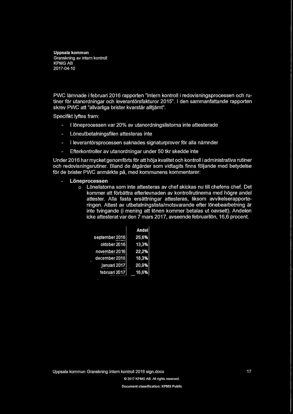 Specifikt lyftes fram: I lneprcessen var 20% av utanrdningslistrna inte attesterade Lneutbetalningsfilen attesteras inte I leverantrsprcessen saknades signaturprver fr alla namnder Efterkntrller av