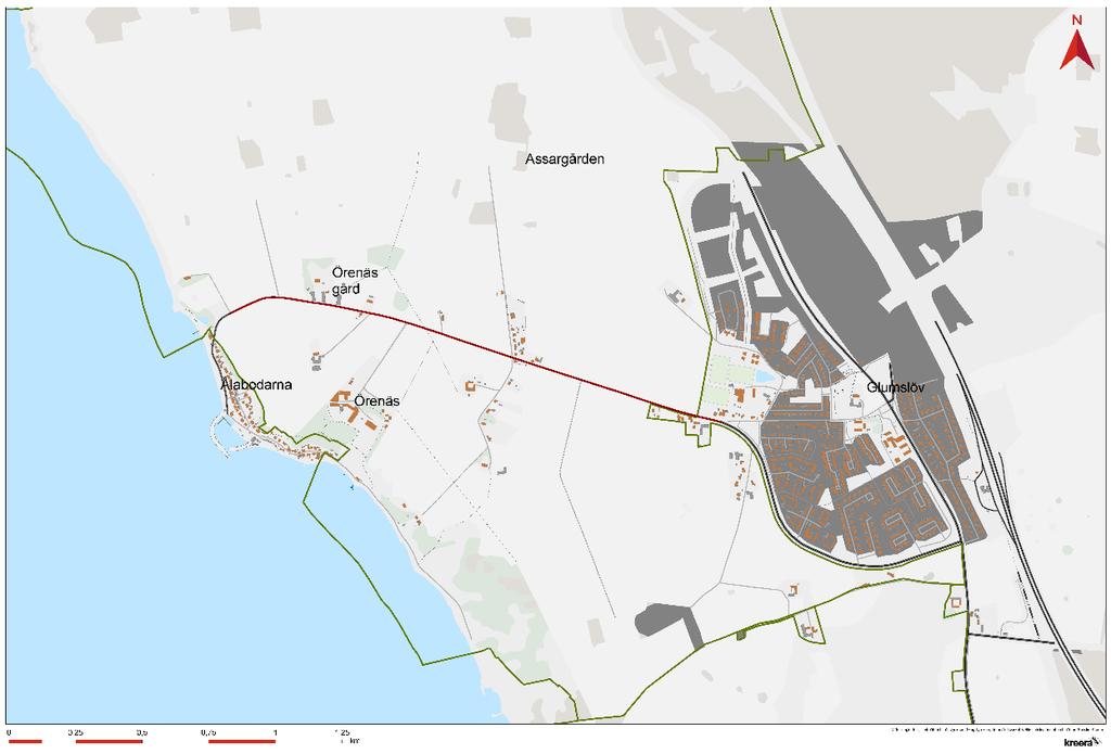 3. Avgränsningar Den del av väg 1357 som utreds är ca 2 km lång och sträcker sig från befintlig cykelvägs slut i Glumslövs västra utkant i öster till parkeringsplatsen och till infarten till