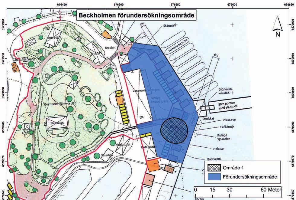 Fig. 5. Översiktskarta över förundersökningsområde och område 1 på Beckholmen.