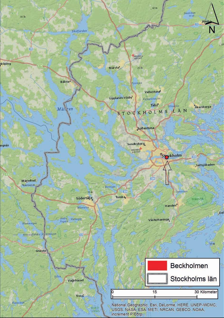 Fig. 1. Översiktskarta över Stockholm med Beckholmen markerad med pil och röd prick.