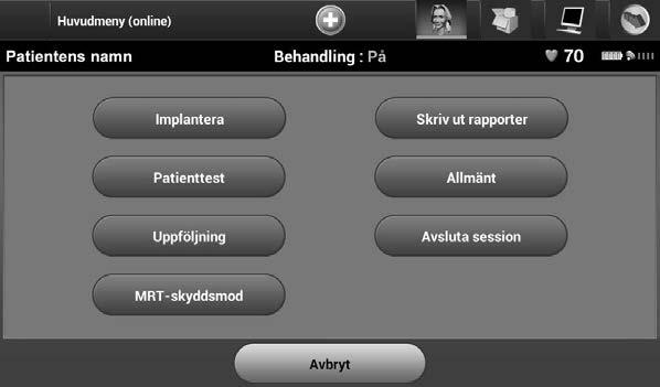 Avsluta en patientsession Så här avslutar du en patientsession online och återför programmeraren till driftmodet offline: 1. Välj ikonen Huvudmeny i navigeringsfältet. Skärmen Huvudmeny öppnas. 2.