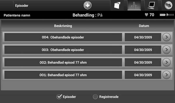 Figur 17: Skärmen Episoder (bläddringsbar lista) 6. På skärmen för varje vald episod visas även de programmerade parametrarna och lagrade S-EKG-data vid tidpunkten då episoden konstaterades. 7.