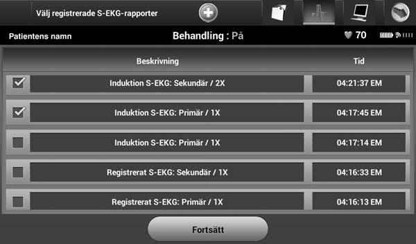 Figur 19: Lista över registrerade S-EKG:n (bläddringsbar) 3. Tryck på Fortsätt för att återgå till skärmen Skriv ut rapporter. 4.