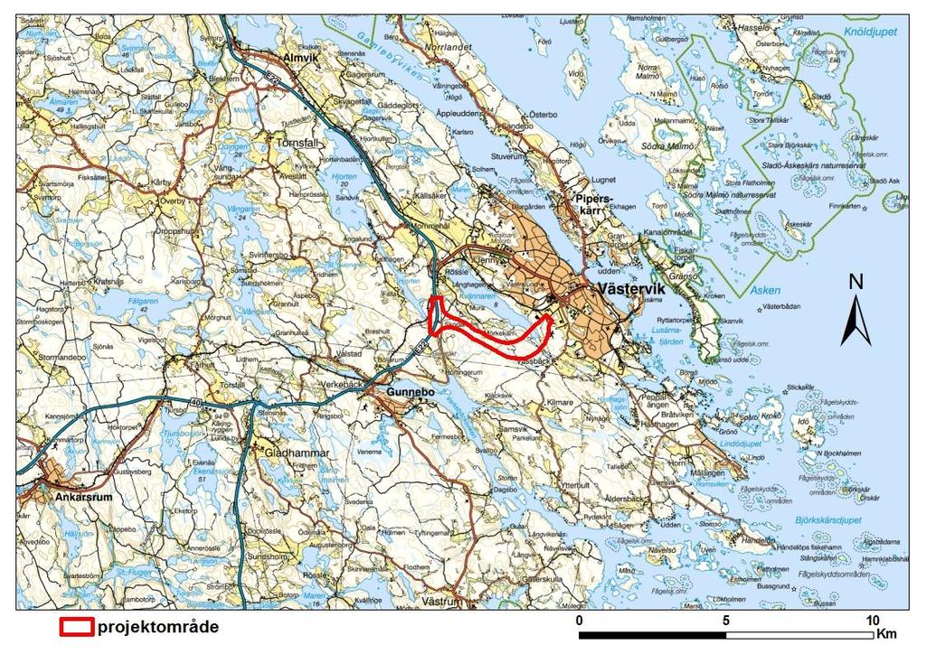 Figur 1. Utsnitt ur vägkartan över utredningsområdet vid Västervik, beläget nära den småländska ostkusten.