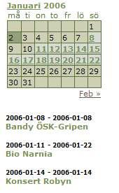 6.4 Evenemangskalender 6.4.1 Användningsområde Evenemangskalendern används för att visa evenemang. Vyn är en kalender där dagar med evenemang är markerade med en viss färg.