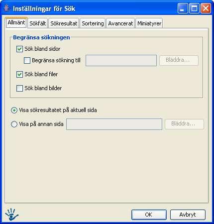 6.16.2 Inställningar för Sök Fliken Allmänt Begränsa sökningen: Välj om sökmotorn skall söka bland sidor, filer eller bilder.