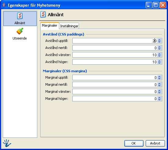 Fliken marginaler Här bestämmer man avstånd och marginaler upptill, nertill, vänster och höger. Eftersom texten visas dynamiskt så flyttas modulerna automatiskt när nytt innehåll tillkommer.