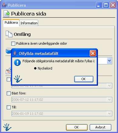 Nedan visas ett exempel på hur det kan se ut och vilka metadatafält som man kan använda: En röd asterisk ( * ) innebär att fältet är obligatoriskt, dvs det måste fylla i för att sidan skall bli