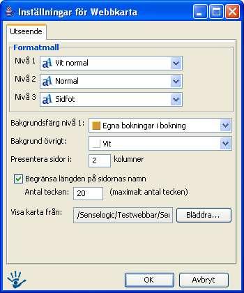 4.11 Webbkarta 4.11.1 Användningsområde Webbkartan används för att grafiskt visa webbplatsens struktur. Webbkartan genereras automatiskt utifrån de webbsidor som är skapade på webbplatsen. 4.11.2 Inställningar för Webbkarta Formatmall: Här kan man välja formatmallar för hur de olika rubrikerna skall se ut.