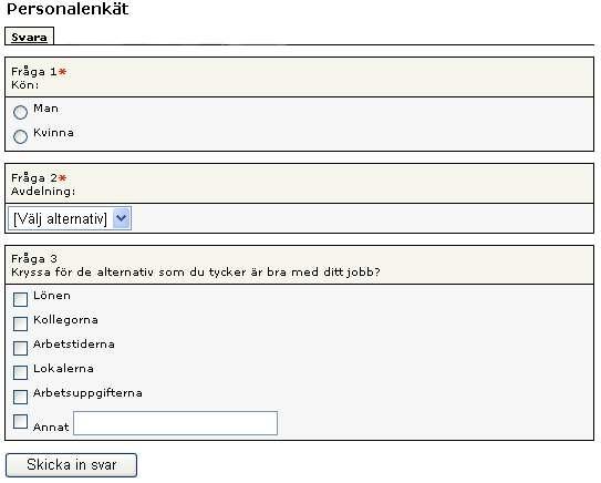 5.2 Enkät 5.2.1 Användningsområde Enkät används om man vill göra undersökningar av olika slag. Enkätverktyget hjälper till med statistik och sammanställningar.