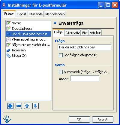 2 Inställningar för E-postformulär När man skall bygga upp ett helt nytt e-postformulär är det vita fältet till vänster helt tomt.