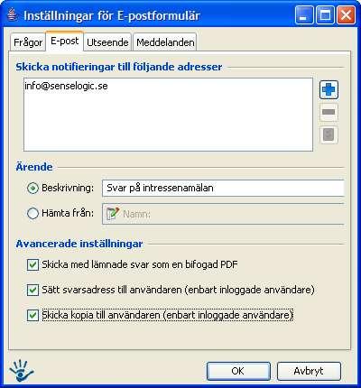 Fliken E-post Här lägger man till mottagare som skall få notifieringar när e-postformuläret är ifyllt.