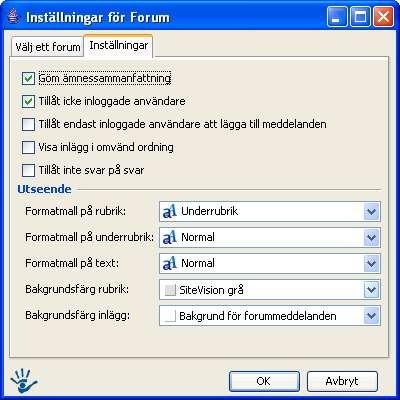 (som visas som en punktlista innan inläggen) när man visar hela tråden. Tillåt icke inloggade användare: Om man vill att anonyma besökare skall få lägga till inlägg i forumet kryssar man i denna ruta.