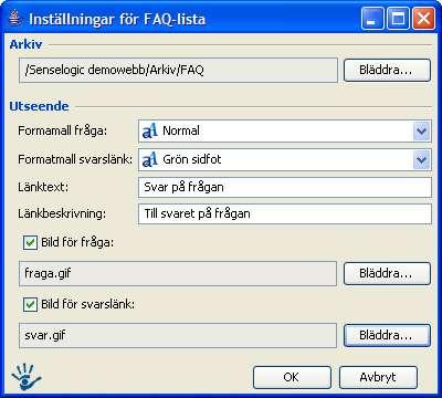 5.2 Inställningar för FAQ-lista Först måste man skapa ett arkiv (och eventuellt en mall) som FAQ-listan skall använda sig av. När man har skapat ett arkiv, så pekar man ut det aktuella arkivet.