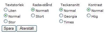 2 Inställningar för Anpassa webbplatsen Fliken Inställningar Här ställer man in de anpassningsmöjligheter som besökaren skall få tillgång till: Textstorlek: Väljer man detta alternativ kan besökaren