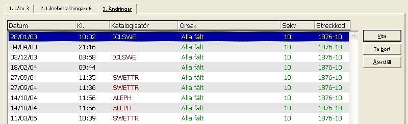 Ändringar Fliken Ändringar har följande knappar: Visa Klicka på Visa för att visa posten, som den såg ut innan ändringen, i visningsläge.